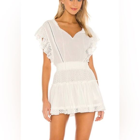 MISA Los Angeles Sarika White Eyelet Smocked Mini Dress Flutter Sleeve Size S - Picture 1 of 7